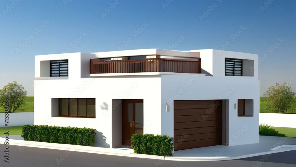 3d house model of white and grey modern minimal background. Real estate concept.