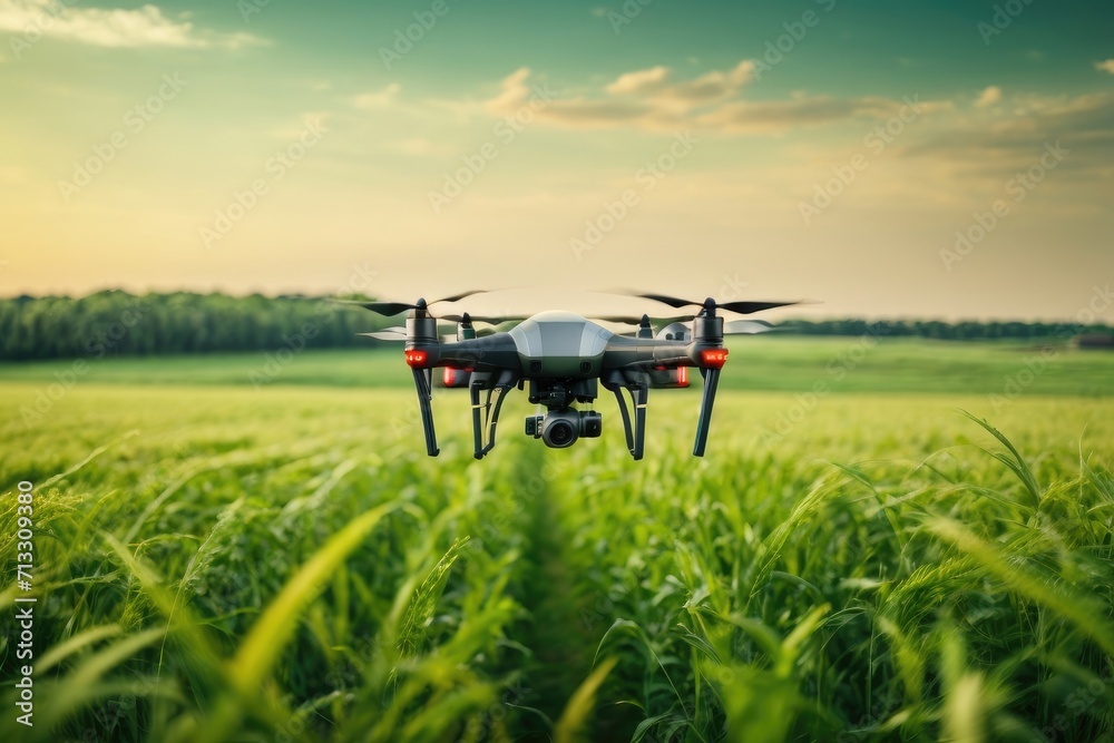 Drone flying over field