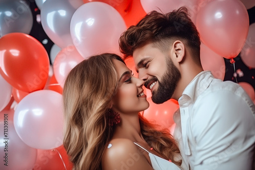 Generative AI illustration of side view of young couple in a tender embrace, surrounded by a sea of red, pink, and white balloons, celebrating Saint Valentine's Day