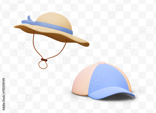 Men and women hats for summer. Protection of head and face from sun. Set of isolated vector illustrations. Wide brimmed hat and baseball cap. Web design template