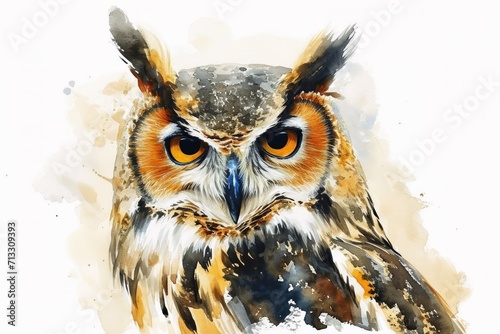 Watercolor of an owl on white.