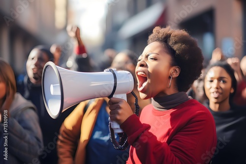 African Female activist protesting via megaphone © Sasa Visual