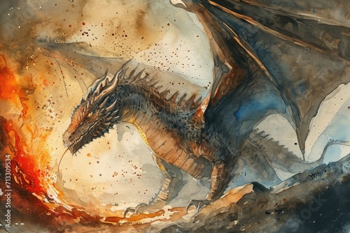 Watercolor of an impressive dragon spying fire. © Michael