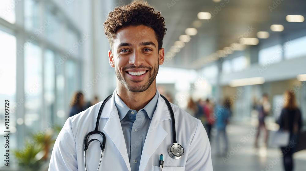 Obraz premium Generative AI image of smiling latin man doctor with stethoscope