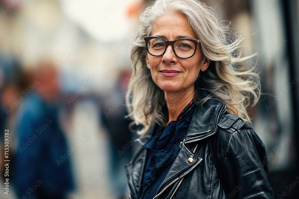 Generative AI portrait of elegant senior woman in leather jacket Generative AI portrait of elegant senior woman in leather jacket