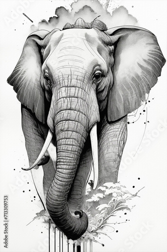 sketh portrait of african elefant, pencil drawing, paint smudges, back and white illustration on white background with paper texture, good for wall art, interior, tatoo