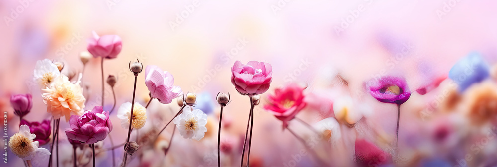  pink flower field on a blurry background, spring with this floral composition featuring fresh and colorful flowers on a light pastel background. A festive bloom concept with ample copy space, perfect