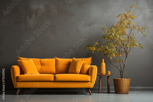 Generative AI image of cozy living room with yellow sofa © ADDICTIVE STOCK CORE