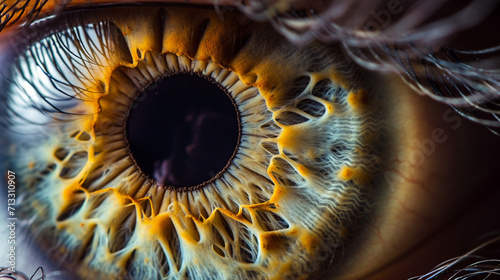 An artistic close-up photograph capturing the intricate details of a human eye, with a focus on the mesmerizing patterns and colors within the iris, creating a visually stunning an