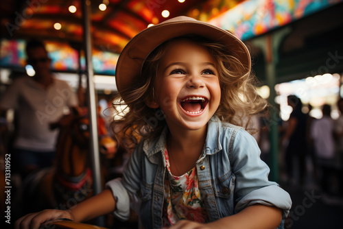 Generative AI illustration of a young girl, her hair flying freely, laughing wholeheartedly while enjoying a ride on a brightly colored carousel