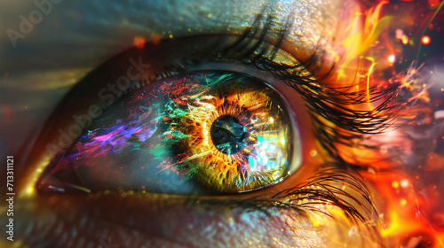 An artistic representation of the human eye, featuring a surreal blend of vibrant colors and abstract patterns within the iris, creating a visually imaginative and captivating depi photo
