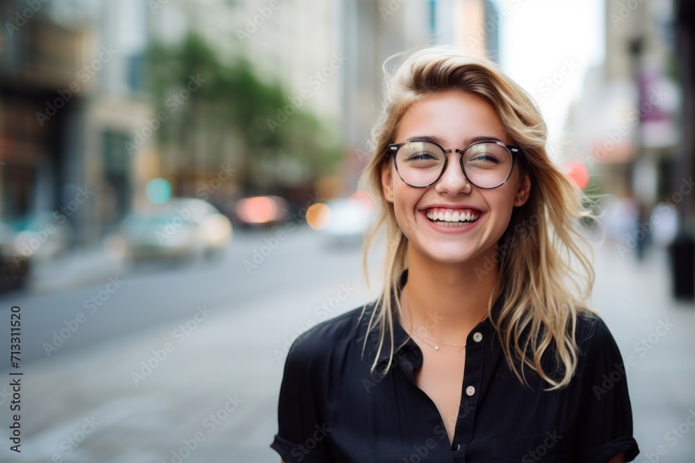 smiling young woman in eyeglasses over city street background smiling young woman in eyeglasses over city street background