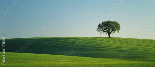 Lone tree stands sentinel atop a verdant hill  a symphony of nature s minimalist grace