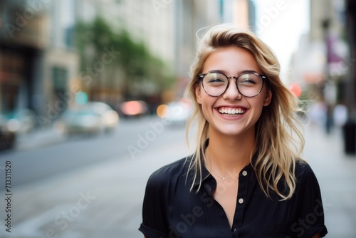 smiling young woman in eyeglasses over city street background photo