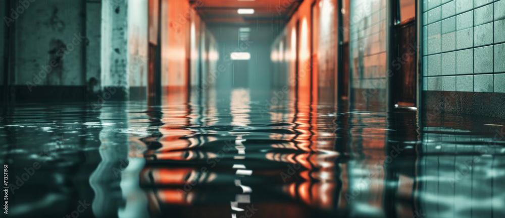 Corridor submerged: eerie calm of water reflects a desolate, abandoned passage's silent tale