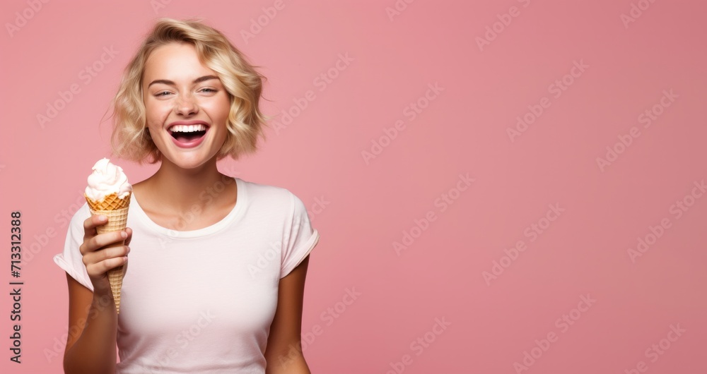 Happy young blond woman holding a delicious ice cream on flat pastel pink background with copy space. Happy young blond woman holding a delicious ice cream on flat pastel pink background with copy space.