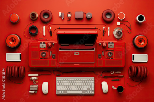 Top View of Red Keyboard, Mouse, Headphones, Speakers, and Other Items in a Creative Design. Flat Lay  Table Set Concept