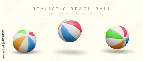 Realistic beach ball in different positions. Travel and vacation concept during summer season. Vector illustration in 3d style with shadow and place for text photo