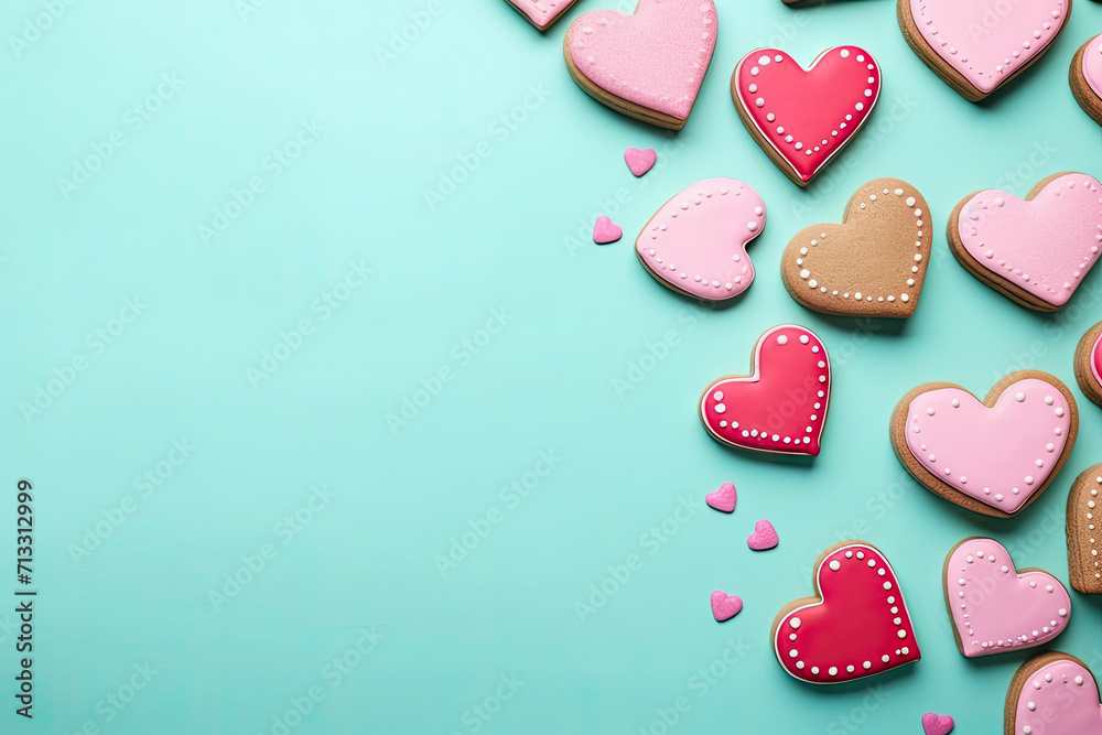 colorful arrangement of heart cookies on a light green background,Experience heartfelt sweetness with these homemade Valentine cookies placed on a soothing mint background. Capture the warmth and love