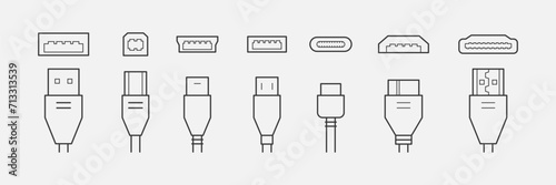 Cable connectors and plugs line icons set . USB, HDMI, ethernet icon set. Mini, micro, lightning, type A, B, C connectors. Vector illustration white background	
