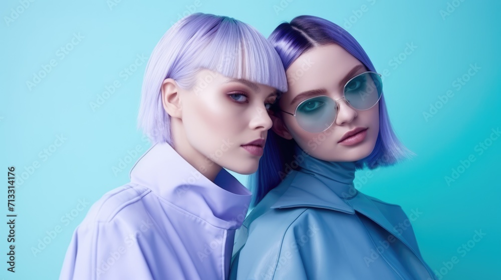 Two young women high fashion shoot in galagram futuristic colors.