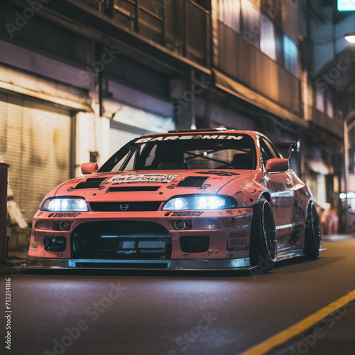 racing car doing drift in the street of tokyo