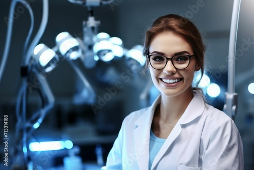 Woman in White Lab Coat and Glasses