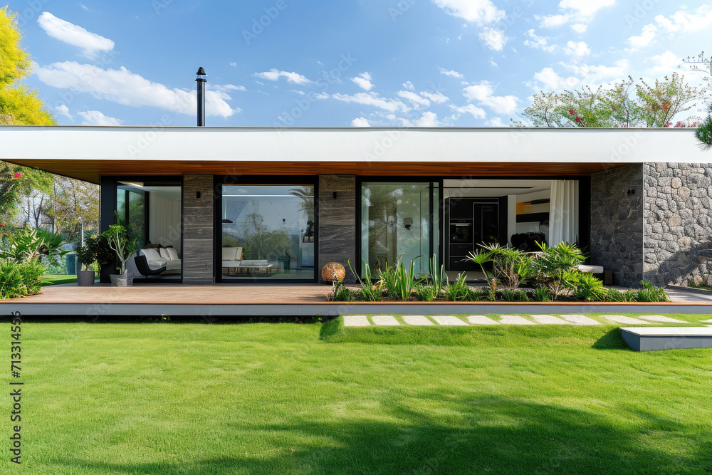 a beautiful modern minimalist mini house with a big grass lawn and garden