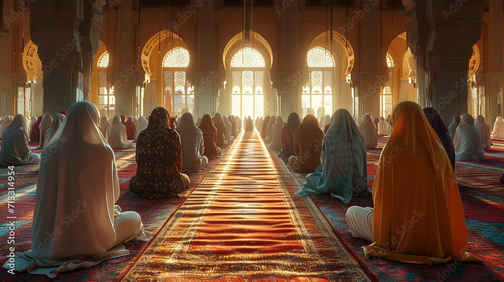 3d rendering of Muslim people praying at the mosque in the evening