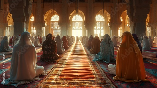 3d rendering of Muslim people praying at the mosque in the evening
