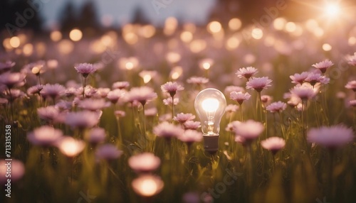 light bulbs lit in the middle of flowering meadows, clean energy concept © gangiskhan