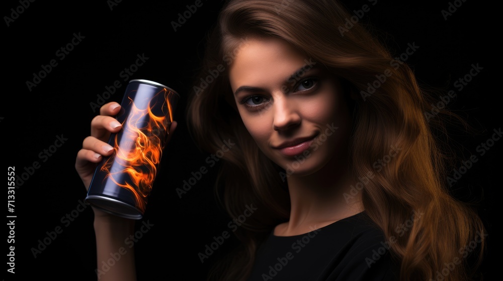 Woman with can of energy drink, fire on the black background Woman with can of energy drink, fire on the black background