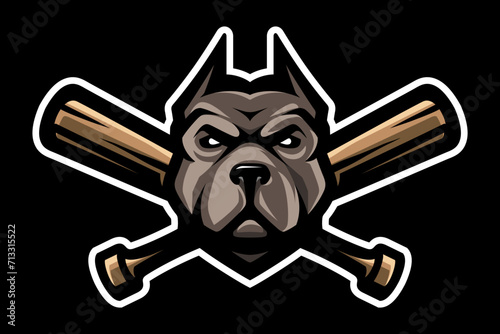Pit Bull and crossed baseball bats. Fighting dogs symbol, sport mascot. T-shirt print.