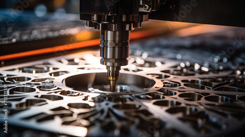 Using modern technology, a CNC Laser is cutting metal, creating industrial components with macro clarity.