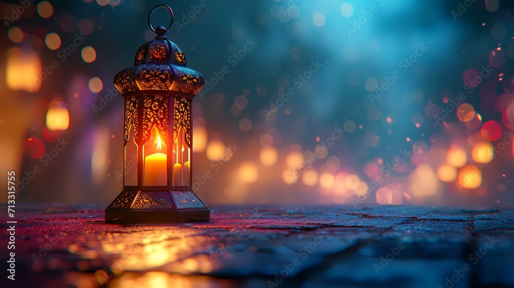 Arabic lantern with bokeh lights on a dark background. Ramadan Kareem greeting card Arabic lantern with bokeh lights on a dark background. Ramadan Kareem greeting card