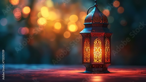 Lantern on wooden floor with bokeh background. Ramadan Kareem concept.