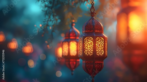 Lantern on the table with a bokeh background. Ramadan Kareem concept.