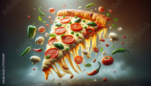 a hot slice of pizza floating in mid-air, defying gravity with a perfectly melted layer of cheese stretching from the slice, accompanied by vibrant tomato sauce and assorted toppings.