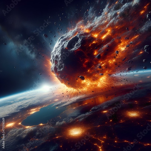 a huge gigantic burning asteroid in space flyng towards the planet earth. photo