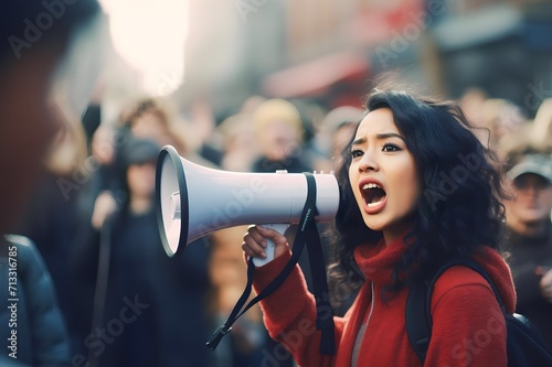 Asian Female activist protesting via megaphone