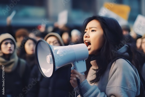 Asian Female activist protesting via megaphone