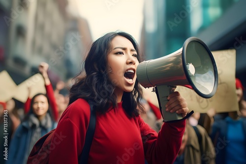 Asian Female activist protesting via megaphone