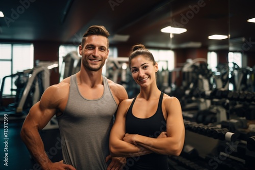 Joyful fit pair showcasing their strength post exercise in a fitness center and gazing at the lens.
