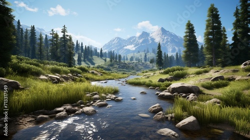 A tranquil alpine meadow surrounded by towering mountains, basking in the warm glow of the afternoon sun  -Generative Ai