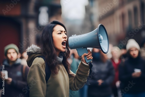 Asian Female activist protesting via megaphone