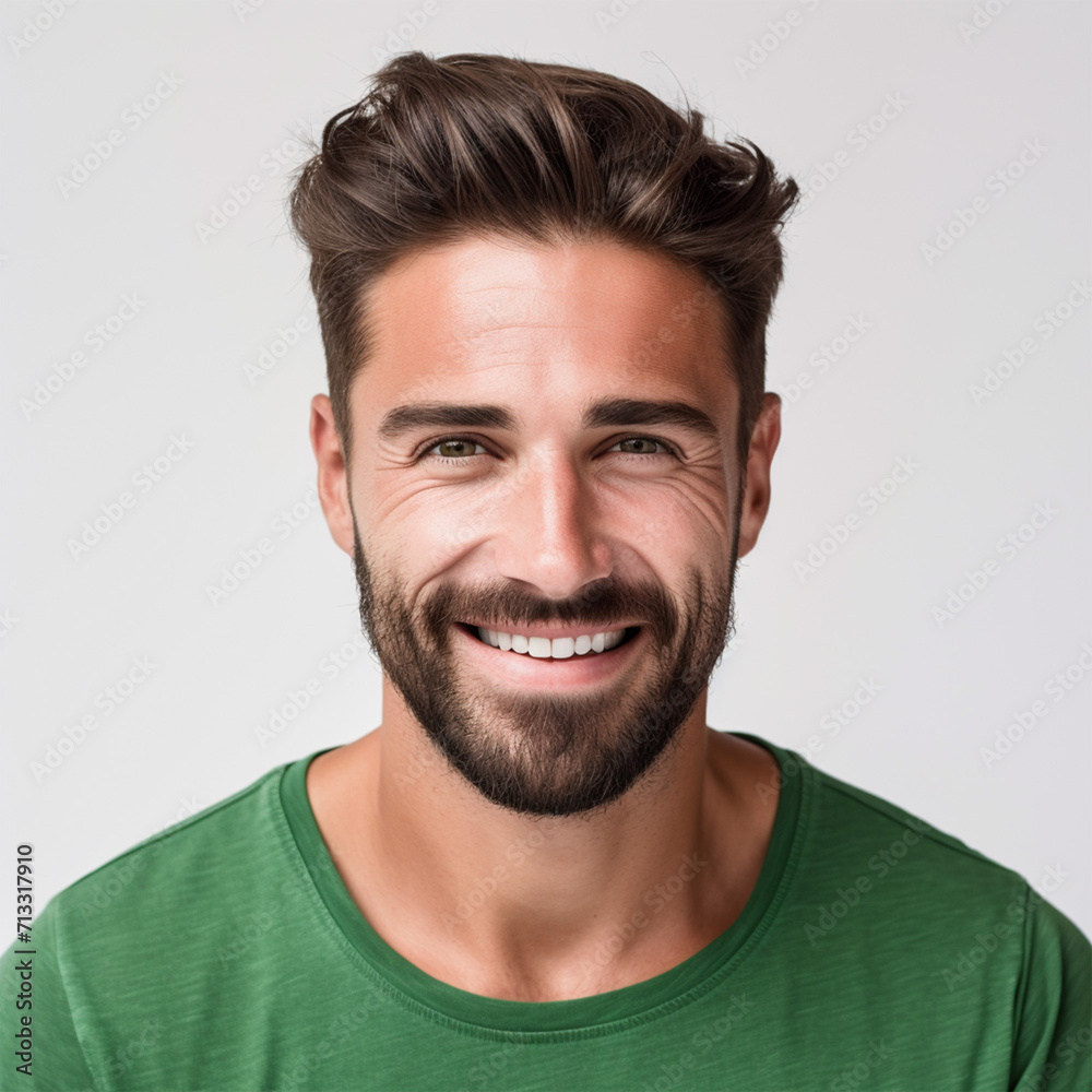 Obraz premium Studio portrait of a man smiling with a green shirt and off white background. Advertisement for dental, business, studio, etc.