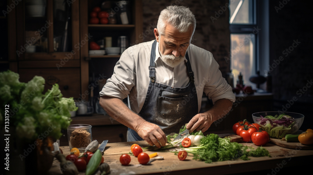 male cook prepares salad in the kitchen male cook prepares salad in the kitchen
