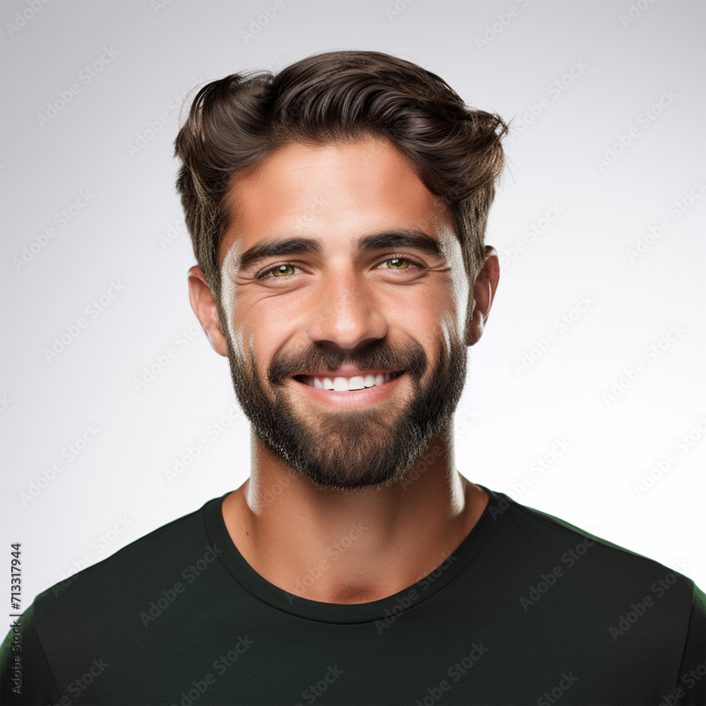 Studio portrait of a man smiling with a modern haircut. Black shirt. Advertisement for dental, business, studio, etc. Studio portrait of a man smiling with a modern haircut. Black shirt. Advertisement for dental, business, studio, etc.