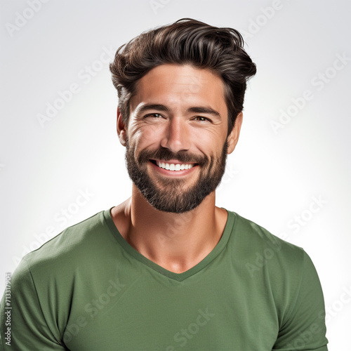 Studio portrait of a man smiling with a modern haircut, green shirt, and white background. Advertisement for dental, business, studio, etc.