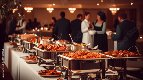 Group of people on catering buffet food indoor in restaurant with grilled meat. Buffet service for any festive event, party or wedding reception. digital ai photo
